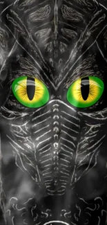 Mysterious creature with green eyes on a smoky dark background.