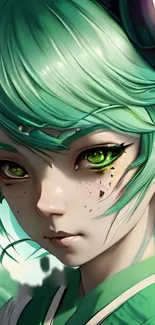 Mystical green-eyed character illustration in an anime style.