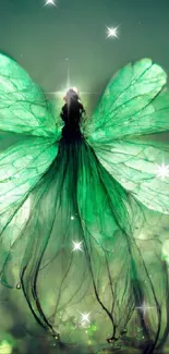 A mystical green fairy with glowing wings in an enchanting fantasy setting.