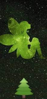 Green cosmic fairy silhouetted against a starry background with a pine tree icon.