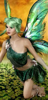 Green fairy kneeling on lily pads with wings under golden sky.