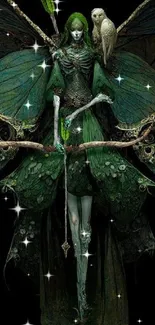 Mystical green fairy with owl on shoulder, intricate wings.