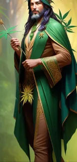 Mystical figure in green robes amidst forest.