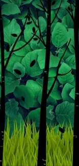 Mystical forest wallpaper with green leaves and black trees.