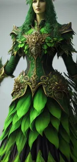 Mystical warrior in green leaf armor with forest theme