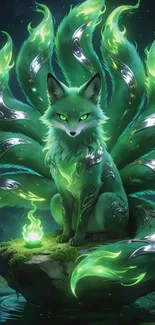 Mystical green fox with glowing flames in fantasy scene.