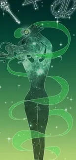 Mystical green figure surrounded by cosmic swirls.