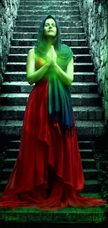 Serene figure in red dress with mystical green glow.