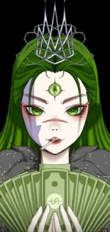 Mystical green-haired character holding money with an ornate crown.