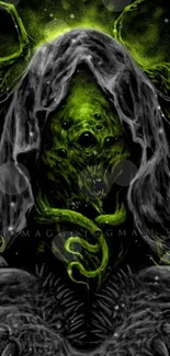 Eerie green monster art wallpaper with mystical creatures in the dark.