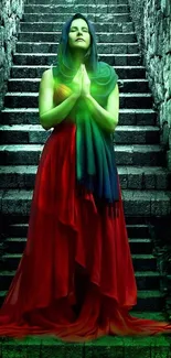 A mystical lady in green on stone steps, vivid and mysterious.