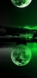 Glowing green moon reflecting on calm water under a mystical night sky.