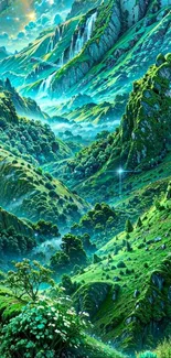 Mystical green mountain landscape with waterfalls and valleys.