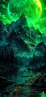 Majestic green mountains under a mystical moonlit sky.