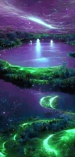 Mystical landscape under purple night sky with green glow.