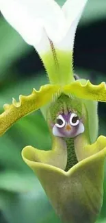 Close-up of a unique green orchid flower with striking details.