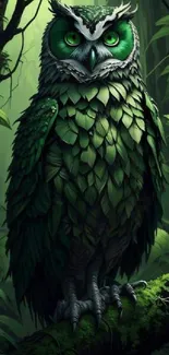 Mystical green owl in a forest setting digital wallpaper.