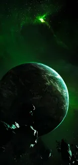 A mystical green planet in space with dark cosmic background.