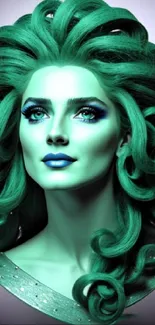 Artistic portrait of a woman with vibrant emerald green hair and makeup.