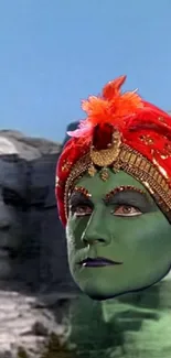 Green face with red headdress on Mount Rushmore background.