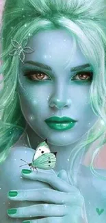 Ethereal woman with green hair and a butterfly in a mystical wallpaper.