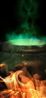 A dark cauldron with green magical smoke swirling upwards.