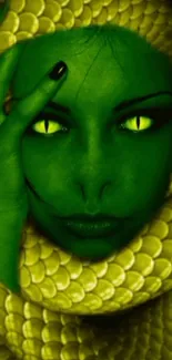 A mystical green figure with snake eyes and surrounding yellow scales.