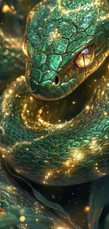 Mystical green snake with golden light.