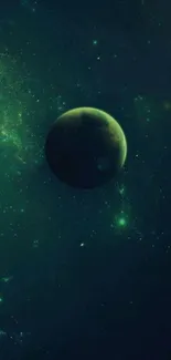 Dark green space wallpaper with glowing planet.