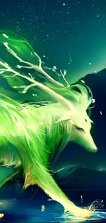 Vibrant green spirit wolf on water under starry sky.