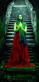 Serene figure in red dress ascending mystical green stairway.