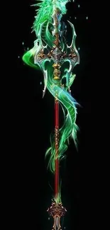 Green mystical sword with vibrant glow on dark background.