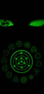 Mystical green symbols and eyes in dark theme wallpaper.