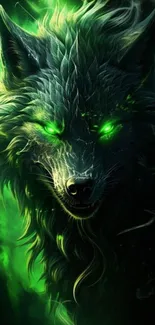 A mystical green-glowing wolf with vibrant fur and piercing eyes in a dark setting.