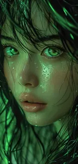 Mystical green-themed portrait of a woman with luminous glow.