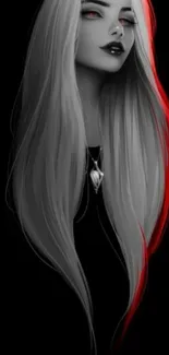 Grayscale art of a woman with long hair against a black background, accented in red.