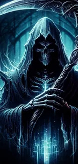 Mystical Grim Reaper with blue glow art wallpaper.