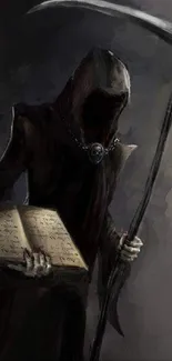 A hooded figure with a scythe and book, embodying dark fantasy themes.