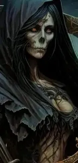 Mystical Grim Reaper with intricate scythe in dark tones, mobile wallpaper.