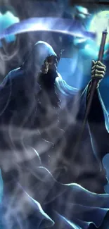 Eerie Grim Reaper with a mystical blue background on mobile wallpaper.