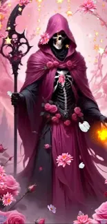 Mystical Grim Reaper in pink with blossoms.