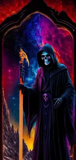 Mystical Grim Reaper art with cosmic backdrop