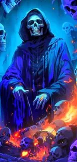 Grim Reaper with blue flames and skulls in a mystical setting.