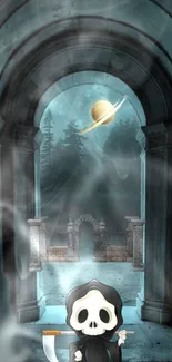 Cute grim reaper with arches and planet in mystical setting.