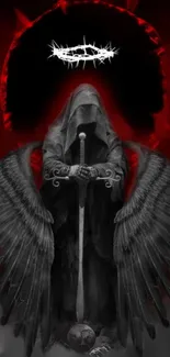 Gothic Grim Reaper with wings and sword in red and black hues.