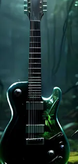 Electric guitar amidst lush green forest scenery.