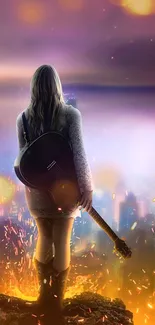 A girl with a guitar overlooks a glowing, dreamy cityscape at dusk.