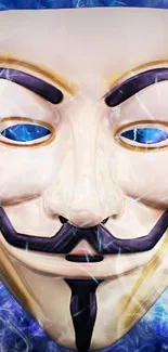 Guy Fawkes mask with colorful blue smoke background.