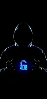 Hacker-themed mobile wallpaper with a glowing blue lock and dark hooded figure.