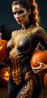 Mystical figure with pumpkins in glowing Halloween body art, dark background.